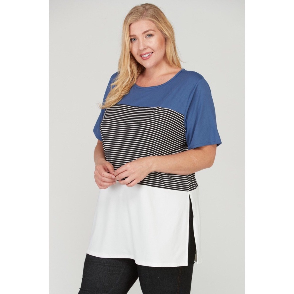 Denim Blue Color Block Striped Side Slit Top